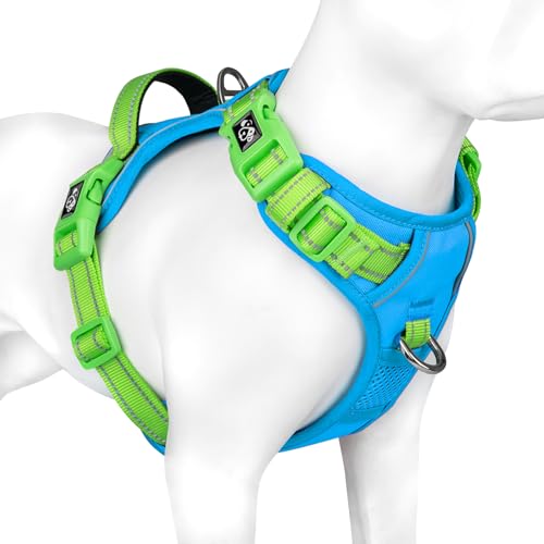 PHOEPET No Pull Dog Harness, Unique Colors Reflective Adjustable Dog Vest, with Soft Training Handle Metal Clips for Small Medium Large Dogs (Blue Base & Green Straps,L) - color: Blue Base & Green Straps, size: Large
