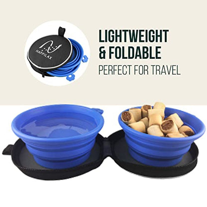 Travel Dog Bowl Set - 2 Foldable Silicone Food and Water Bowls with Carabiners and Bag - Collapsible Feeding Bowls for Wet and Dry Food - 680ml Capacity - Available in Black and Blue