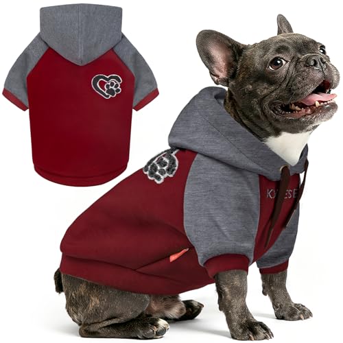 KYEESE Dog Hoodie Stretchy Dog Clothes for Small Dogs Soft Pet Sweatshirt with Drawstring Dogs Winter Coat for Cold Weather Cat Coat with Leash Hole Comfort Cat Sweater Warm Pet Clothes - color: 4#Red, size: Large (14-24lbs)
