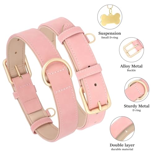 Didog Soft Padded PU Leather Dog Collar, Adjustable Pink Dog Collars for Medium Dogs with Durable Metal Buckle and D Ring,Pink,L - color: Pink, size: L: Fit Neck 13-17"(22-44lbs)