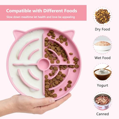 YINEYA 2 Pcs Silicone Slow Feeder Cat Bowl, Cat Slow Feeder for Food Training, Interactive Puzzle Bowls for Puppy, Kitten Dishes to Prevent Overeating, Treat Toys Suitable for Dry and Wet Food - color: Pink & Grey