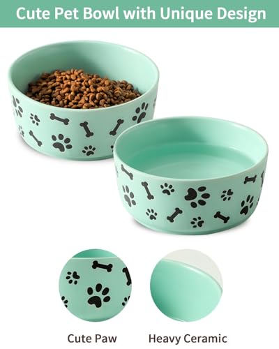 UBEE Ceramic Dog Bowl Set of 2, 5.5 inch Dog Food Bowl Dish with Bone Paw Pattern, Pet Food Water Dish Feeding Plates for Small Dogs, Puppy and Cat, Green - color: Green-dog paw, size: 5.5 inch x 2