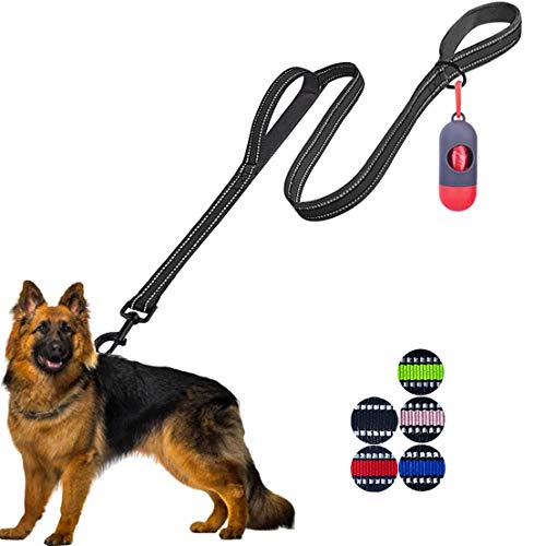 JSXD Heavy Duty Double Handle Dog Leash - 5 FT with Comfortable Padded and Reflective Rope, Suitable for Small to Large Dogs (Wide-Black) - color: Wide-Black