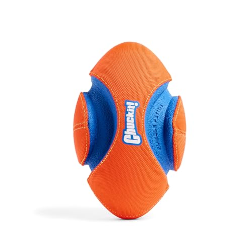 Chuckit! Fumble Fetch Dog Football - Outdoor and Indoor Interactive Dog Toy with Grooved Design for Easy Pickup - Made from Durable Rubber - Floats in Water - Small - Orange and Blue - size: Small, style: Orange/Blue