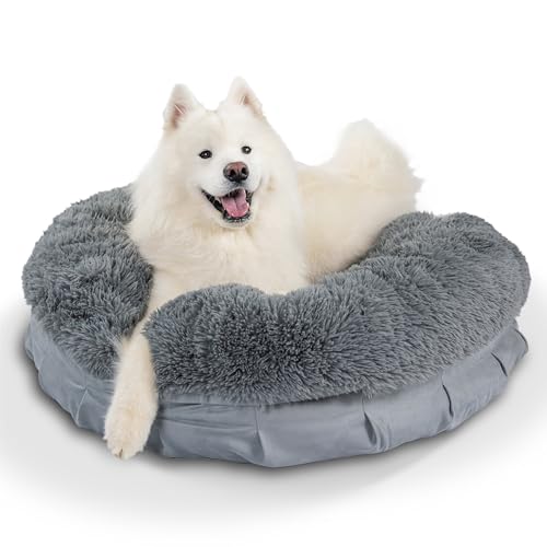 Best Friends by Sheri Ultra Calming Pouf Bed, Orthopedic Round Dog Bed for Joint Support, Faux Fur, Washable Cover, Tan, Large, 36"x36" - color: Gray, style: Large