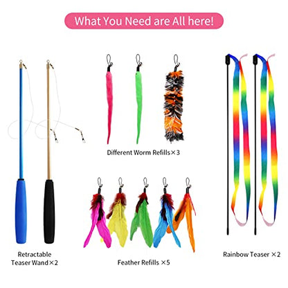 12PCS Interactive Kitten Toys, Retractable Indoor Cat Wand Toys with Replacement Teaser, Rainbow Ribbon and Make Exercise by Sunshinetop - color: Cat Feather Toys