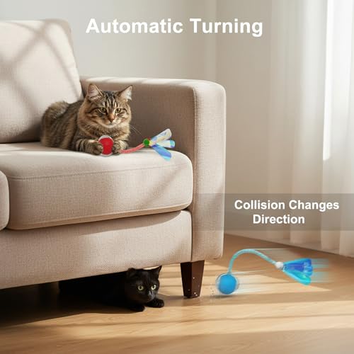 Interactive Cat Toys Ball for Cats - Upgrade Automatic Cat Toys for Indoor Cats, Chirping Cat Toy, 3 Modes 2 Speed Moving Cat Ball with Dragonfly Feathers 2PCS (Red Blue) - color: RedBlue-3