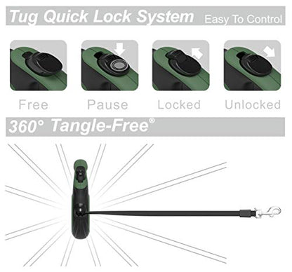 TUG 360° Tangle-Free Retractable Dog Leash with Anti-Slip Handle | 16 ft Strong Nylon Tape | One-Handed Brake, Pause, Lock (Small, Green) - color: Green, size: Small