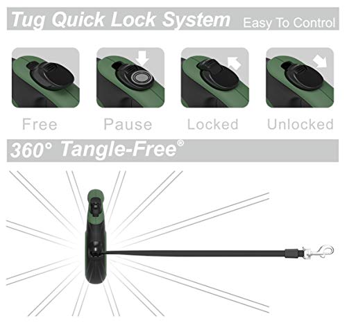 TUG 360° Tangle-Free Retractable Dog Leash with Anti-Slip Handle | 16 ft Strong Nylon Tape | One-Handed Brake, Pause, Lock (Large, Green) - color: Green, size: Large