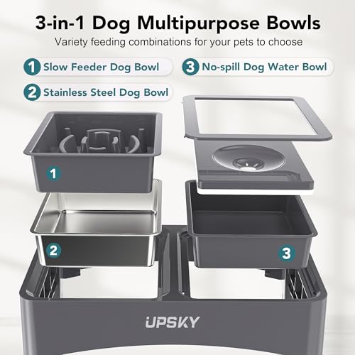 UPSKY 3-in-1 Elevated Dog Bowls Slow Feeder, Adjustable Stand, No Spill Water Dispenser, Stainless Steel Food & Water Bowl for Small Medium Dogs - color: D-3 in 1 (Grey)