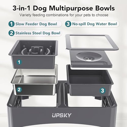 UPSKY 3-in-1 Elevated Dog Bowls Slow Feeder, Adjustable Stand, No Spill Water Dispenser, Stainless Steel Food & Water Bowl for Small Medium Dogs - color: D-3 in 1 (Grey)