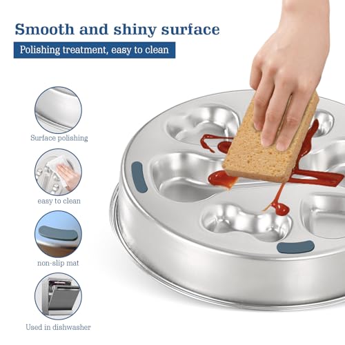 Stainless Steel Slow Feeder Dog Bowls – Non-Slip Metal Dog Bowl for Large & Medium Breeds, Puppy Puzzle Feeder – 2 Cup Capacity for Small to Big Pets – Durable Slow Feed Dog & Cat Food Dish with Mat - color: Bone&Heart With Mat-Blue