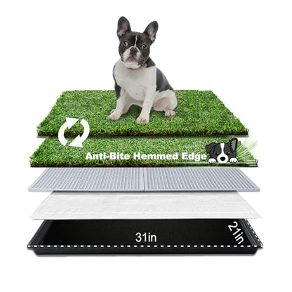 HQ4us Dog Grass Pad with Tray Medium 31”×21” Dog Litter Box Toilet with 2×Artificial Grass for Dogs with Hemmed Edge, Pee Pads for Dogs, Realistic, Less Stink, Potty for Balcony - size: M 31”×21” for Dog＜ 26" Length