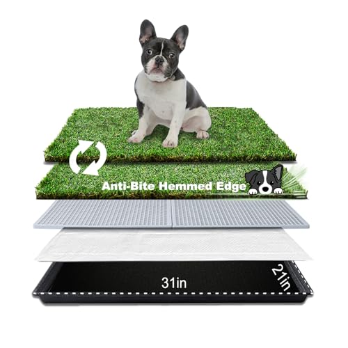 HQ4us Dog Grass Pad with Tray Medium 31”×21” Dog Litter Box Toilet with 2×Artificial Grass for Dogs with Hemmed Edge, Pee Pads for Dogs, Realistic, Less Stink, Potty for Balcony - size: M 31”×21” for Dog＜ 26" Length