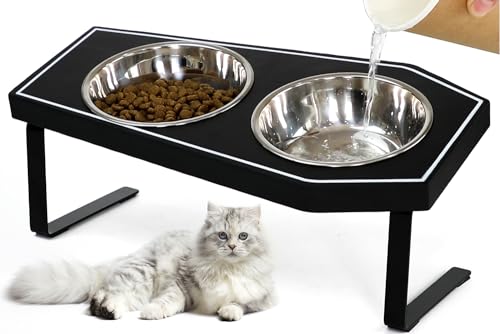 Cat Food Bowls Elevated, Gothic Cat Bowls, Raised Cat Bowls for Indoor Cats with Non-Slip Stand & Wood Board, Stainless Steel and Whisker Friendly Food Bowls - size: Cat Bowls x2
