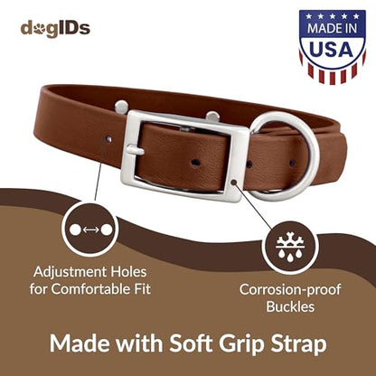 dogIDs Personalized Dog Collar – Custom Waterproof Soft-Grip Biothane with Laser-Engraved Nameplate, Durable & Odor-Resistant, USA Made | Brown, 1 in x 16 in (Fits Necks Size 14-18 in) - color: Brown, size: 1 in x 16 in (Fits Necks Size 14-18 in)