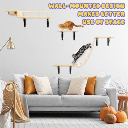 TIMIEEYA Cat Wall Shelves - Stable & Safe 5 in 1 Cat Walls Furniture Set, Wooden Kitten Climbing Wall with Bridge Ladder & Wall Steps - style: 5pcs with Bowl
