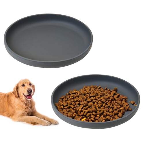 Silicone Dog Bowl Non-Slip Cat Food Plate 2 Pcs Flat Dog Bowls with Suction Cup Shallow Puppy Food and Water Dish for Small and Medium Pets (Steel Gray) - color: 2 Pcs - (Steel Gray)