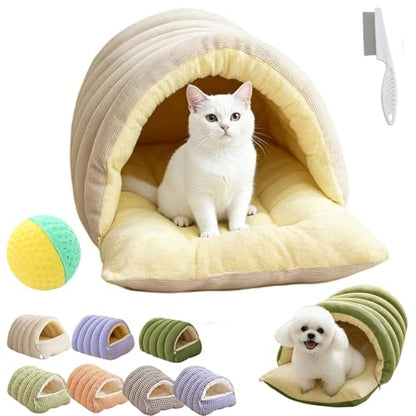 Winter Cave, Cozy Monster Cat Bed with Removable Washable Cushion, Soft Warm Plush Enclosed Tent Bed Cat House with Non-Slip Bottom for Cat and Dog (White, L) - color: White, size: L