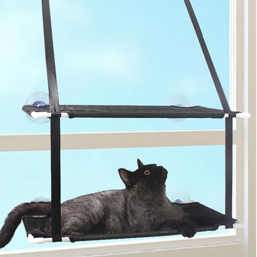 Cat Window Hammock Bed, Sturdy Suction Cup Cat Perch with Double Layer Soft Fabric, Easy Install Window Seat for Cats to Lounge and Watch Birds (Black) - color: Black