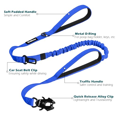 Heavy Duty Tactical Dog Leash, 5 FT Bungee Shock Absorption Leash with 2 Padded Handles, Quick Release Metal Clip, Car Seatbelt, No Pull Training Lead for Large Medium Dogs（Blue） - color: Blue