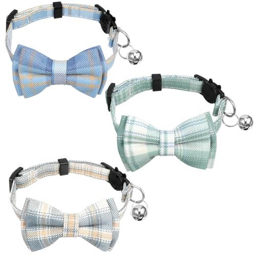 3pcs Bow Tie Cat Collar with Bells, Breakaway Bowtie Plaid Cat Collar, Soft Adjustable Bow Cats Collars for Kitten Puppy and Small Pets - color: green