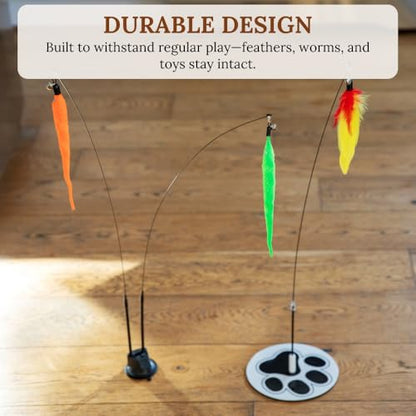 Cat Wand Toy for Indoor Cats - 43 Inch Retractable Fishing Pole Teaser - 9 Feather Attachments - Weighted Round Base - Suction Cup Mount - Bored Adult Feline Hunting Exercise - Kitten Juguetes Set - color: Meow Motion Bundle