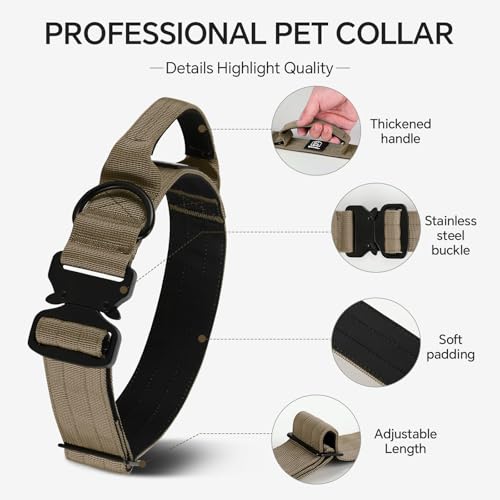 Tactical Thick Dog Collar, Adjustable Training Nylon Dog Collar, Heavy Duty Metal Buckle & Control Handle for Small Medium Large Dogs (L, Khaki) - color: Khaki, size: L