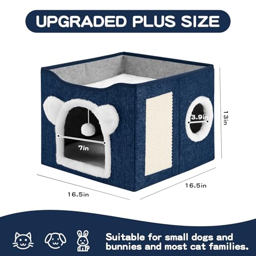 Cat House for Indoor Cats, Large Cat Bed Cave with Scratch Pad and Fluffy Ball, Foldable Cat Hideaway Condo, Kitten Bed, 16x16x13inch (Blue, Large) - color: Blue