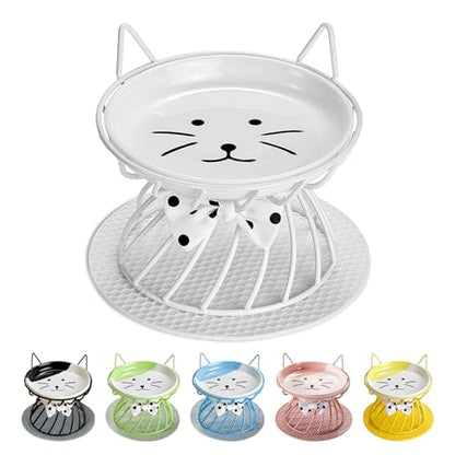 Elevated Cat Food Dishes, Whisker-Friendly Cat Plates with Metal Stand for Food and Water, Anti-Vomit, Non-Slip Feeding Station for Indoor Cats, Kitte - color: White
