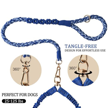 Double Dog Leash – Tangle-Free Dual Leash with 360° Swivel, Shock Absorbing Bungee, Reflective Stitching & Hand-Braided Main Rope (Supports Up to 440 lbs, Blue) - color: Blue