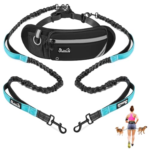 AUTOWT Hands Free Dog Leash for 2 Dogs, Adjustable Waist Belt with Zipper Pouch, Dual Handle Retractable Elastic Bungee with Reflective Stitches for Medium and Large Dogs Training Running - size: Medium