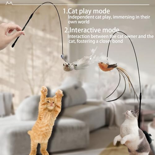 9PCS Suction Cup Cat Toy Set, Interactive Cat Toys for Indoor Cats with 2 Flexible Wands, Strong Suction Base and 3 Replacement Bird 3 Feather Toys with Bells for Kittens and Adults