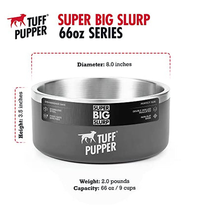 Tuff Pupper Heavy Duty Insulated Dog Bowl | Double Wall Stainless Steel Dog Food Dish | Non-Slip Spill Proof Dishwasher Safe Cat Bowl | Water Dish for Feeding Large Medium Small Pets (66oz, Grey) - color: Cool Grey, size: 66oz