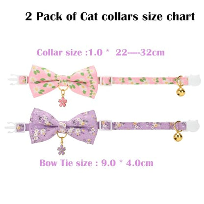 2 Pack Cat Collars, Removable Bowtie, Floral Pattern, Safety Breakaway Clasp, Adjustable for Cats.(Adult Cat, Purple and Pink dasiy) - color: Pink+Purple