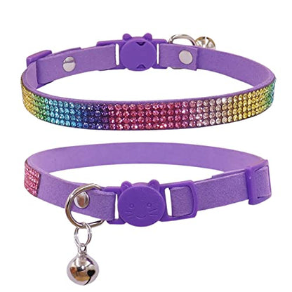 THAIN Bling cat Kitten Collar Rainbow Rhinestone Breakaway Diamond with Bell Soft Velvet Quick Release (Purple) - color: Purple