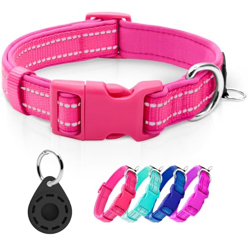 Reflective Dog Collar with Airtag Holder, Soft Neoprene Padded Pet Collar with ID Tag Ring, Adjustable for Puppy and Small Dogs,Hot Pink,XS - color: 1#Hot Pink（with AirTag Holder）, size: X-Small (Pack of 1)