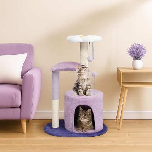 Outvita Cat Tree 33in Small Cat Tower, Multi-Level Cat Tree Tower with Cat Scratching Post and Curved Perch, Cozy Cat Condo, Padded Top Bed for Kittens and Indoor Cats, Purple - size: 33" Purple