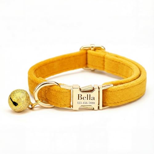 Custom Cat Collar with Bells Personalized Small Cat Collar Engraved Name & Phone Number with Secure Metal Quick-Release Buckle Adjustable (Corn Yellow) - color: Corn Yellow