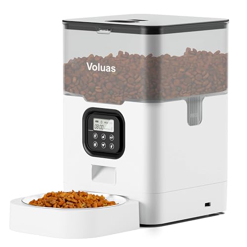 VOLUAS Automatic Cat Feeders - Dry Food Dispenser with Timer, Desiccant Bag, Programmable Portion Size Control 4 Meals Per Day, 10s Voice Recorder - color: White Transparent, size: 4 L