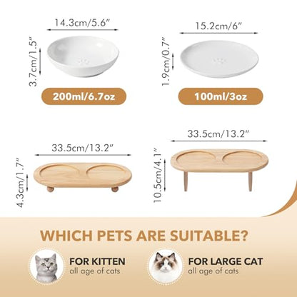 Havniva Cat Bowls Elevated 5.6” Ceramic Cat Bowl with Stand Whisker Friendly Cat Dishes, Cat Food & Water Bowl Set with Two Heights Options, Raised Cat Food Plates for Kitten Anti-Slip Pet Bowls - color: 2 Bowls+2 Shallow Dishes+Stand- White