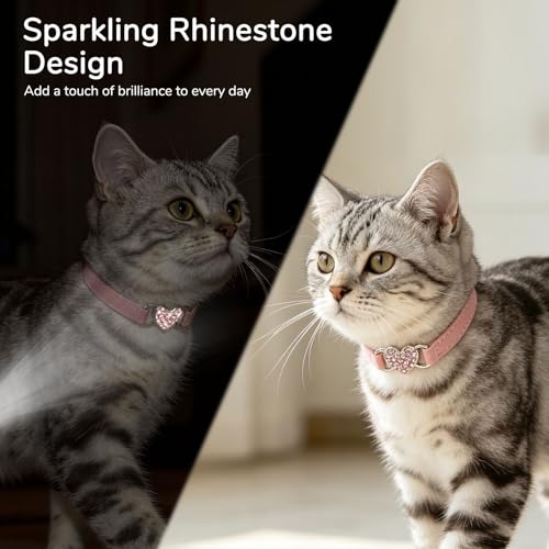 BINGPET Diamond Cat Collar,Adjustable Soft Velvet Leather Safe Kitten Collar with Crystal Heart Charm and Bells,Girl Boy Bling Stylish Cat Collars with Safety Elastic (Pink, Neck Girth 6"-8") - color: Pink(Heart), size: Neck Girth 6"-8"