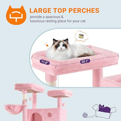 Allewie 81 Inches Tall Cat Tree/Multi-Level Large Climbing Tree House and Towers for Big Feline/Condo and Hammock/Scratching Post/Wide Base/Pink - color: Pink