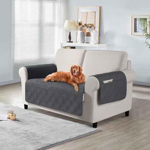 TAOCOCO Waterproof Loveseat Covers for Pets Dogs with Non Slip Backing, Sofa Seat Covers with Side Pocket for 2 Cushion Couch Washable Dog Couch Cover Sofa Slipcovers(Loveseat, Charcoal Gray) - color: Charcoal Gray, size: Loveseat(Seat Width: 47.2'')