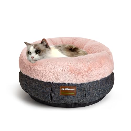 ClevaHome Calming Soft Plush Donut Cat Bed, Fluffy Round Cat Bed for Indoor Cats, Washable Kitten Bed with Plush Faux Fur, Anti-Slip Bottom, Blush Pink - color: Blush Pink, size: 20"L x 20"W x 8"Th