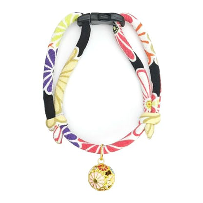 Breakaway Cat Collar with Chrysanthemum Bell, Cute Japaness Chirimen Kitten Collar for Girl and Boy Kitty - color: Black