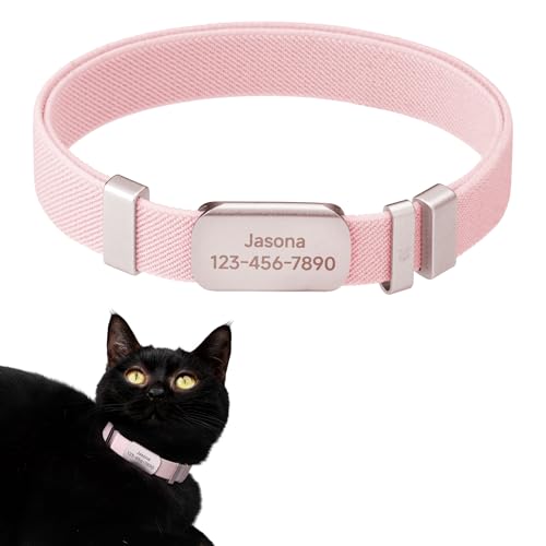 Anti-Choke Elastic Cat Collar and Personalized Name Tag Set, U.S IDA Gold Award Non Breakaway Cat Collar Engraved ID Tag Personalized Cat Collar for Kitten Small Large Cats (Blush Pink, M) - color: Blush Pink, size: M
