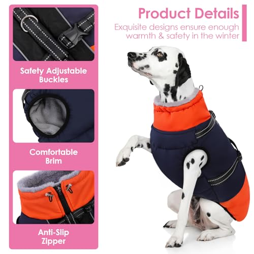 AOFITEE Dog Coat, Warm Dog Jacket with Harness Built-in, Waterproof Medium Dogs Cold Weather Coat with Zipper, Reflective Fleece Lined Pet Snow Jackets for Pug, Jack Russell, Boston Terrier, Blue M - color: Blue, size: Medium