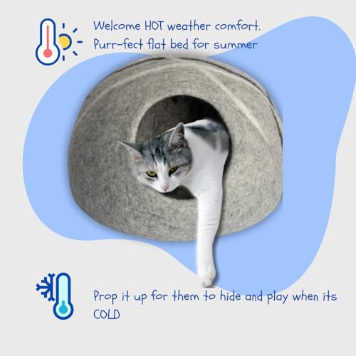 Premium Merino Wool Cat Cave Bed. Foldable, Eco-Friendly, Handmade Felt Kitten Bed and Covered Cat House (43x43cm). Hideaway Pod for Cats. Easy to Clean and Maintain. for Small to Medium cat. Gray - color: Gray