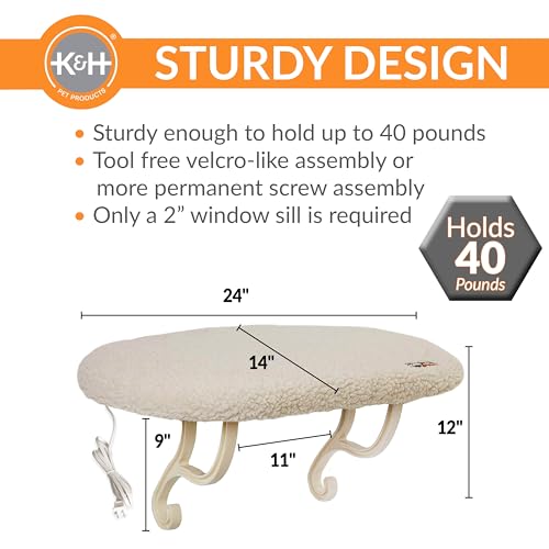 K&H Pet Products Kitty Sill Heated Cat Window Perch for Large Cats, Orthopedic Window Hammock Bed Holds 40LBS, Washable Cover, Kitty Windowsill Bed Seat for Indoors - Cream Fleece, Heated, 14 X 24in - style: Heated